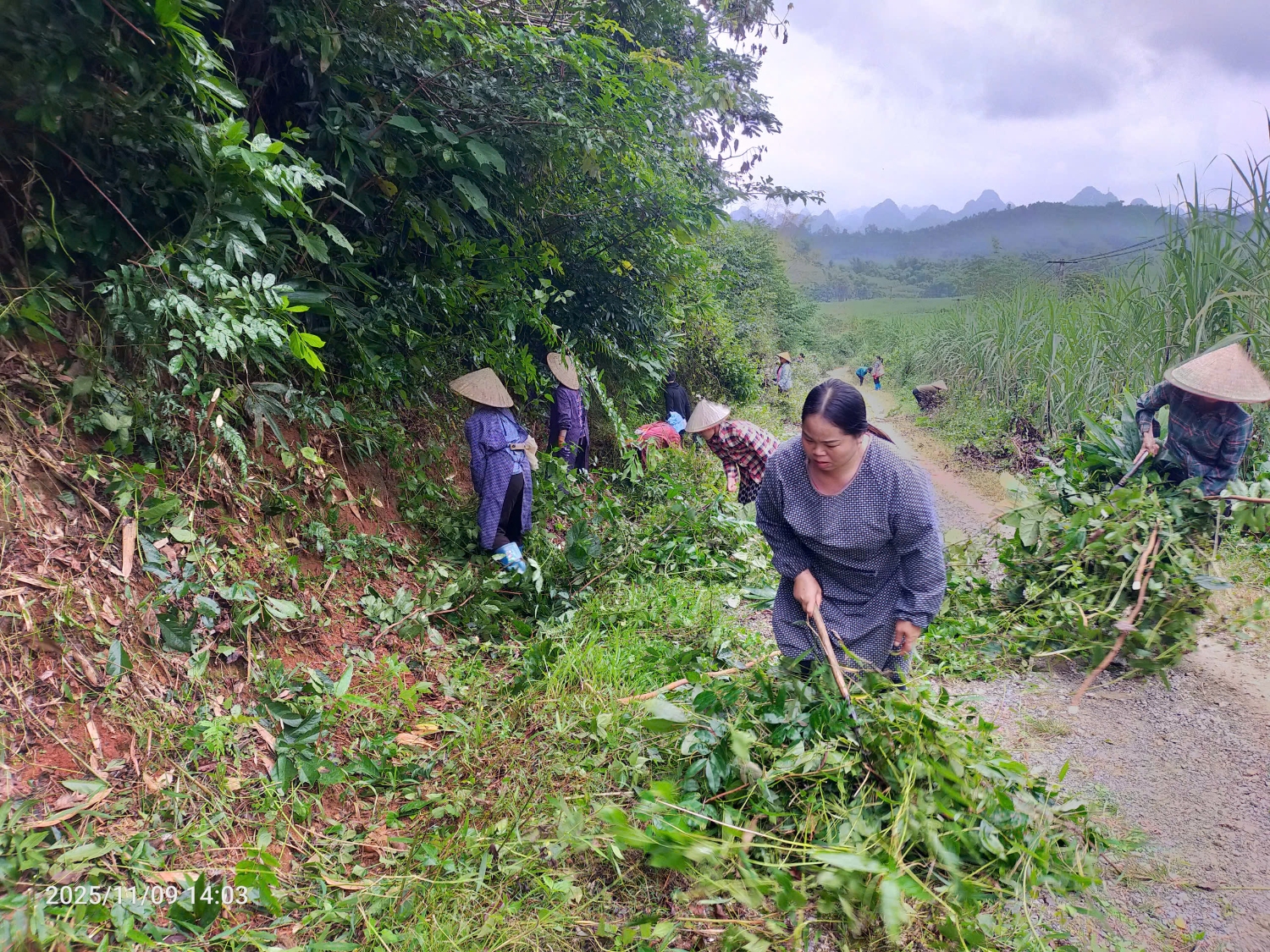 Hội viên phụ nữ xã Phục Hòa ra quân tổng vệ sinh môi trường.