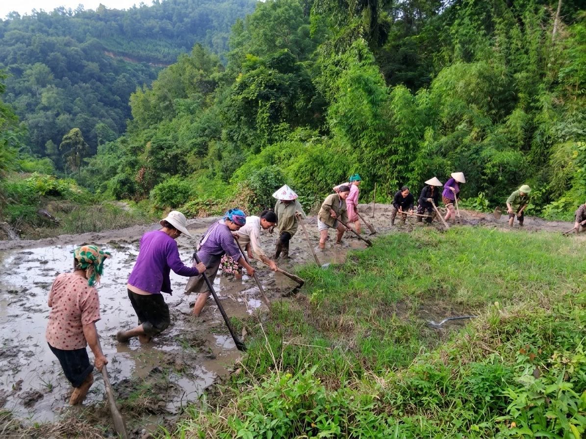 Hội viên phụ nữ xã Hưng Đạo tham gia cấy ruộng giúp gia đình chính sách ông Lục Văn Lỳ.